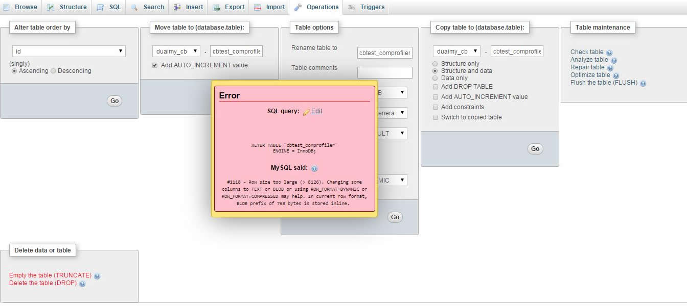 MySql remover ROW_FORMAT